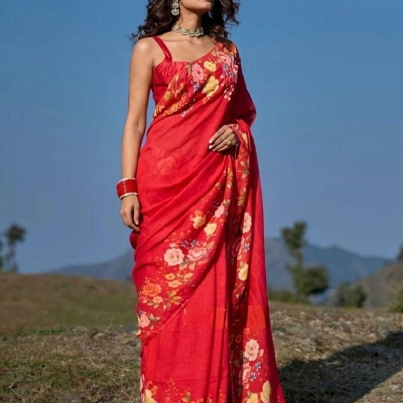 Women's Linen Floral Printed Saree With Unstitched Blouse - 5.5 Mtr (Red)