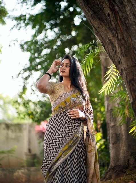 Women's Linen Kalamkari Printed Saree With Unstitched Blouse - 5.5 Mtr (Purple) - Image 4