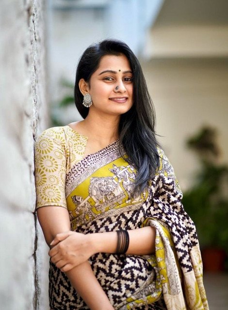 Women's Linen Kalamkari Printed Saree With Unstitched Blouse - 5.5 Mtr (Purple) - Image 5