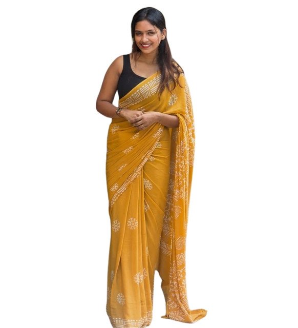 Women's Linen Printed Saree With Unstitched Blouse - 5.5 Mtr (Yellow) - Image 2