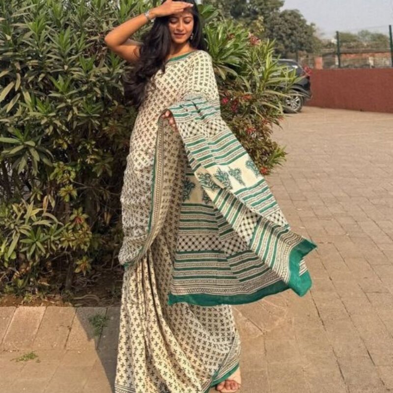 Women's Linen Printed Saree With Unstitched Blouse - 5.5 Mtr (Off White)