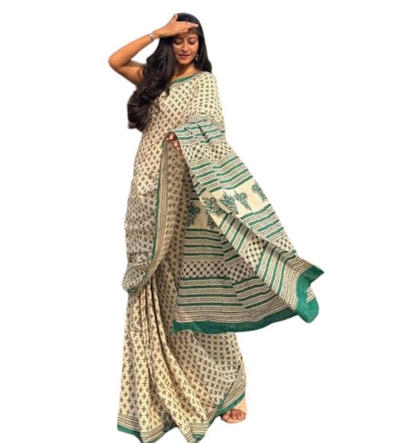 Women's Linen Printed Saree With Unstitched Blouse - 5.5 Mtr (Off White) - Image 2