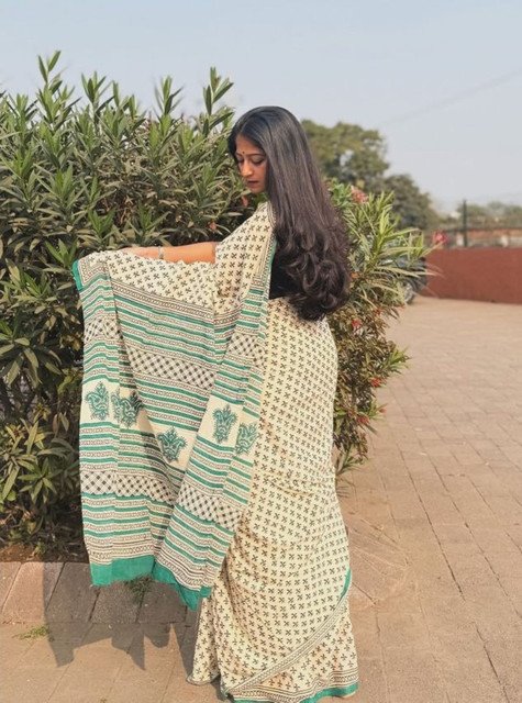 Women's Linen Printed Saree With Unstitched Blouse - 5.5 Mtr (Off White) - Image 5