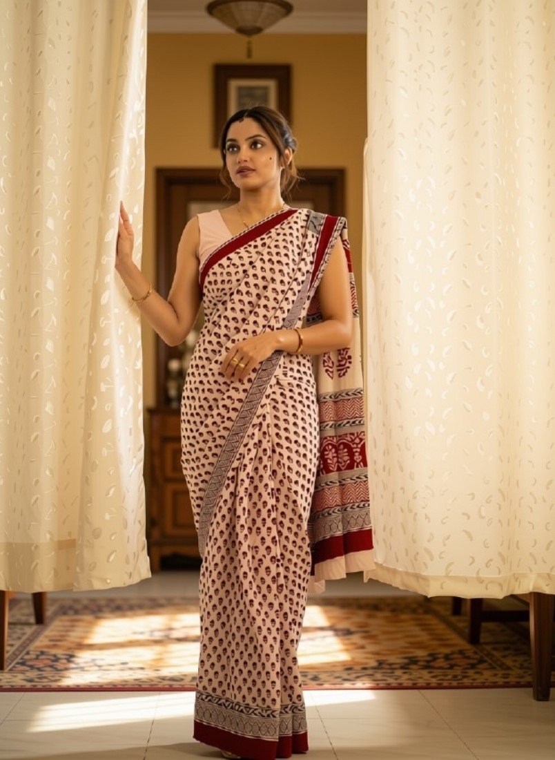 Women's Linen Printed Saree With Unstitched Blouse - 5.5 Mtr (Off White)