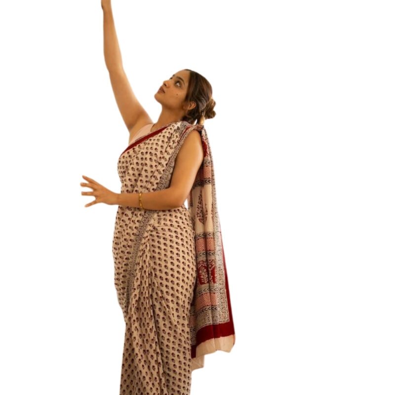 Women's Linen Printed Saree With Unstitched Blouse - 5.5 Mtr (Off White) - Image 2