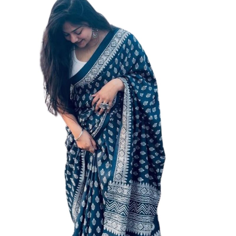 Women's Linen Printed Saree With Unstitched Blouse - 5.5 Mtr (Navy Blue) - Image 2