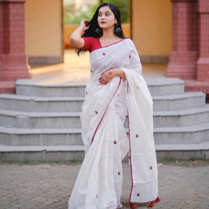 Women's Linen Embroidered Saree With Unstitched Blouse - 5.5 Mtr (White-Red)