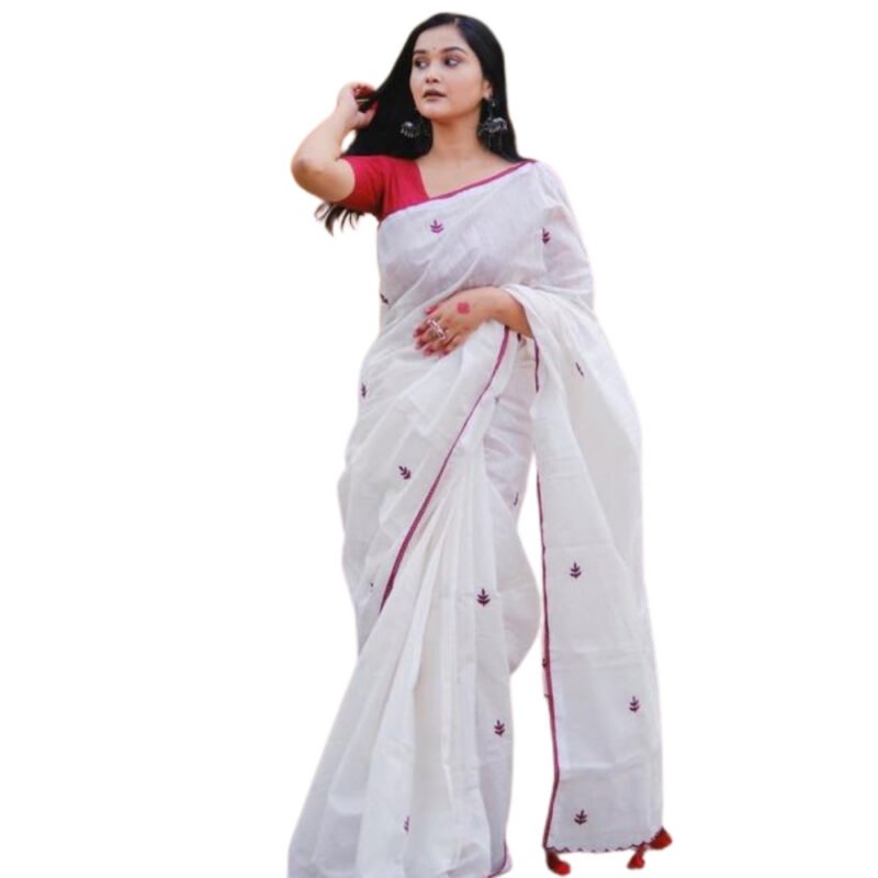 Women's Linen Embroidered Saree With Unstitched Blouse - 5.5 Mtr (White-Red) - Image 2