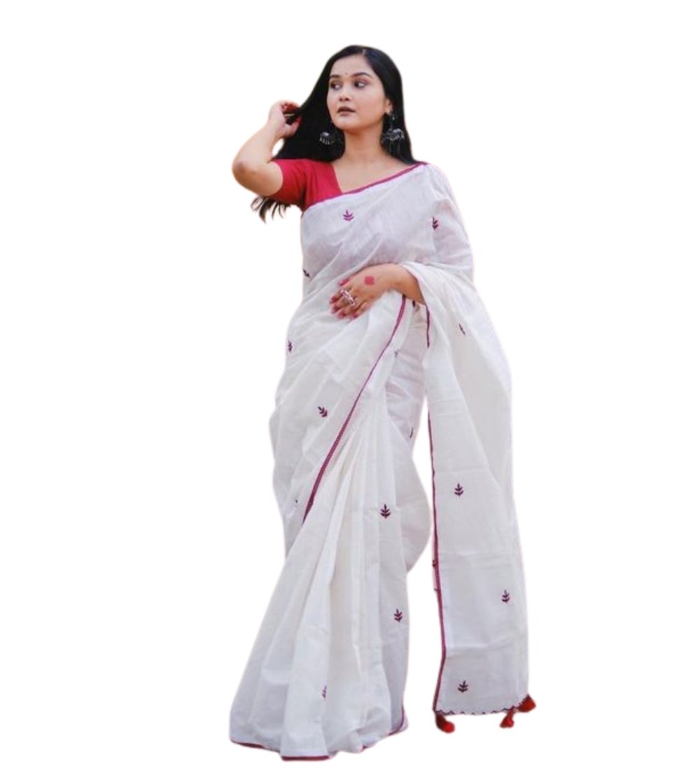 Women's Linen Embroidered Saree With Unstitched Blouse - 5.5 Mtr (White-Red) - Image 2
