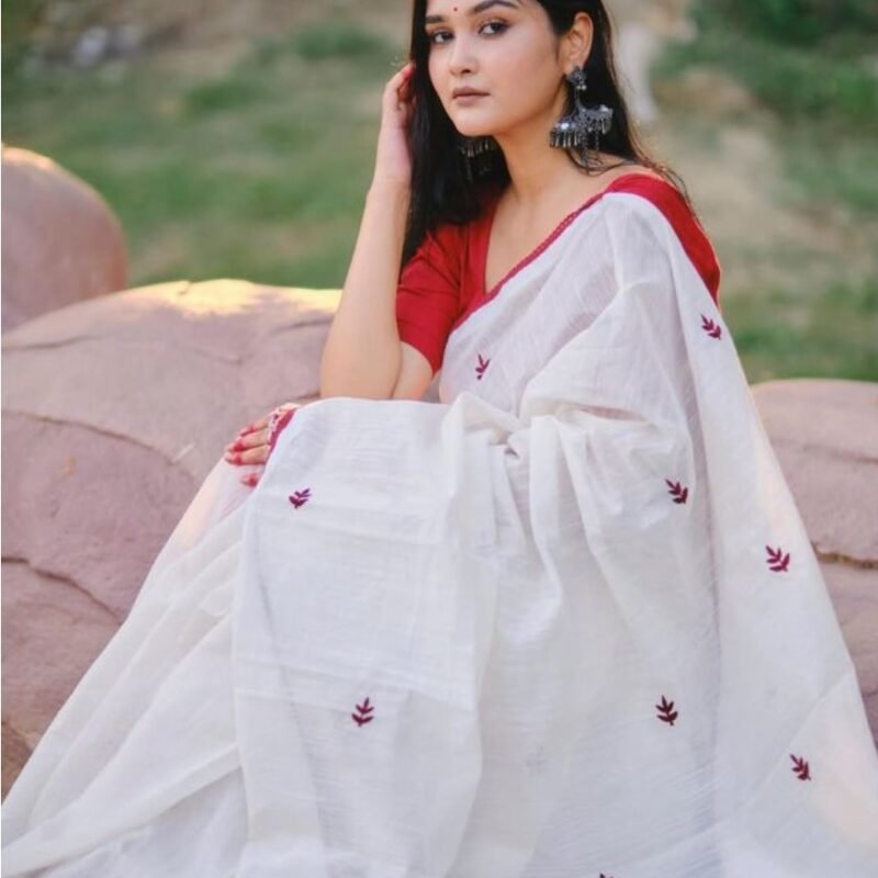 Women's Linen Embroidered Saree With Unstitched Blouse - 5.5 Mtr (White-Red) - Image 3