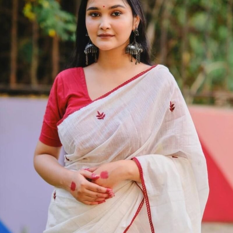 Women's Linen Embroidered Saree With Unstitched Blouse - 5.5 Mtr (White-Red) - Image 4