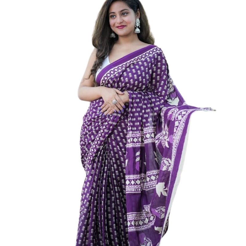 Women's Linen Printed Saree With Unstitched Blouse - 5.5 Mtr (Purple) - Image 2
