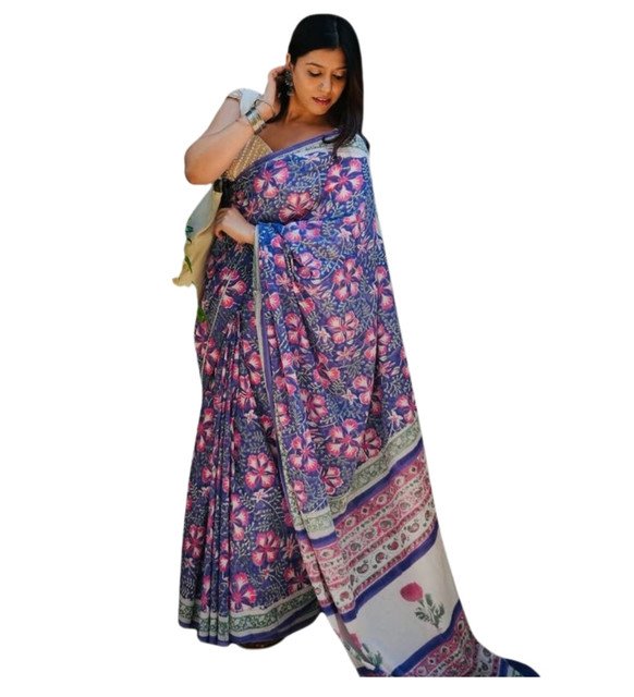 Women's Linen Floral Printed Saree With Unstitched Blouse - 5.5 Mtr (Multicolor) - Image 2