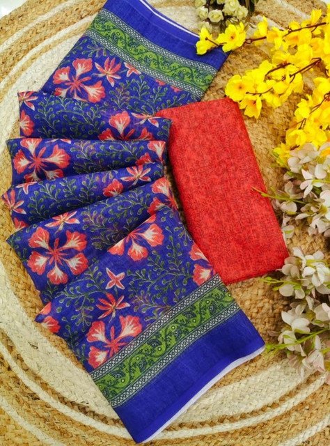 Women's Linen Floral Printed Saree With Unstitched Blouse - 5.5 Mtr (Multicolor) - Image 4