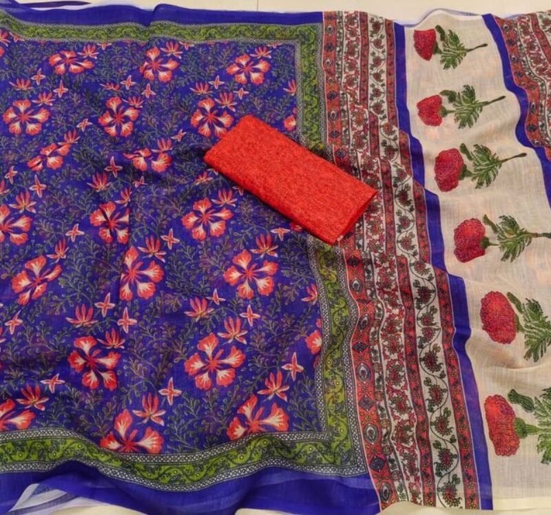 Women's Linen Floral Printed Saree With Unstitched Blouse - 5.5 Mtr (Multicolor) - Image 5