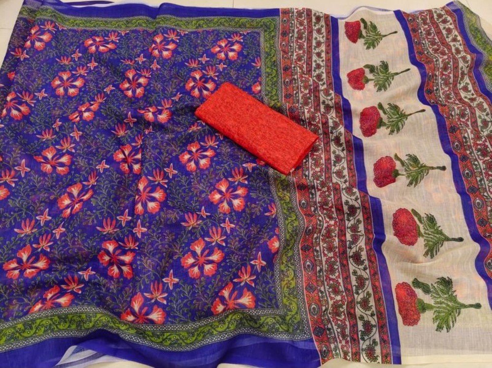 Women's Linen Floral Printed Saree With Unstitched Blouse - 5.5 Mtr (Multicolor) - Image 5