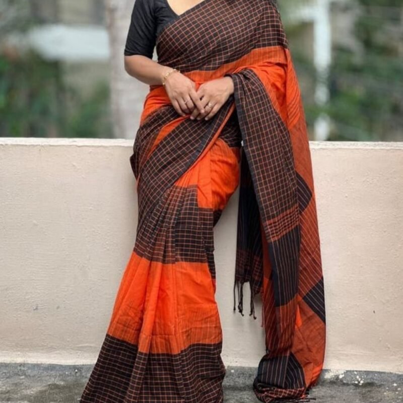 Women's Linen Checkered Saree With Unstitched Blouse - 5.5 Mtr (Orange-Black)