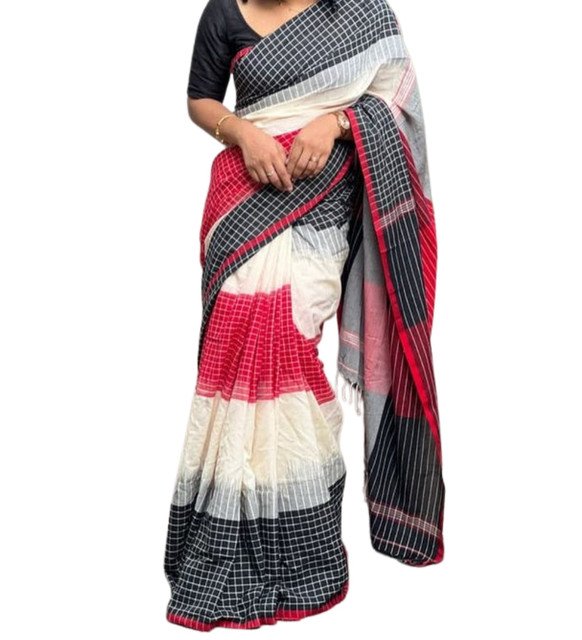 Women's Linen Checkered Saree With Unstitched Blouse - 5.5 Mtr (Multicolor) - Image 2