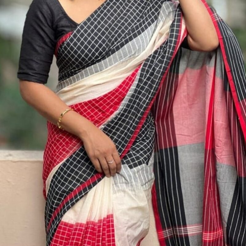 Women's Linen Checkered Saree With Unstitched Blouse - 5.5 Mtr (Multicolor) - Image 3