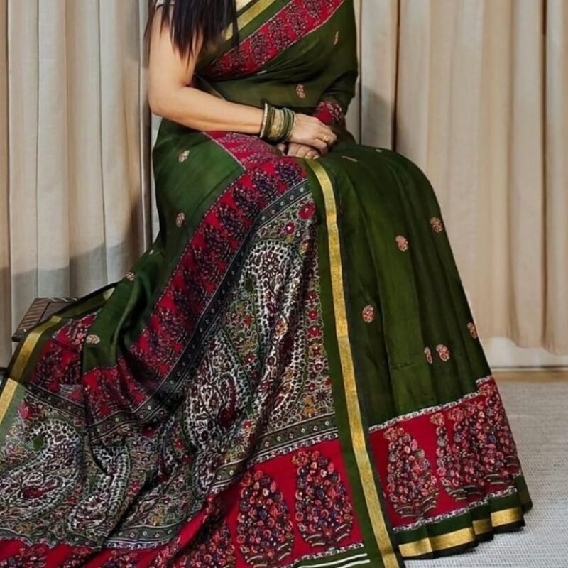 Women's Linen Kalamkari Printed Saree With Unstitched Blouse - 5.5 Mtr (Green-Pink)