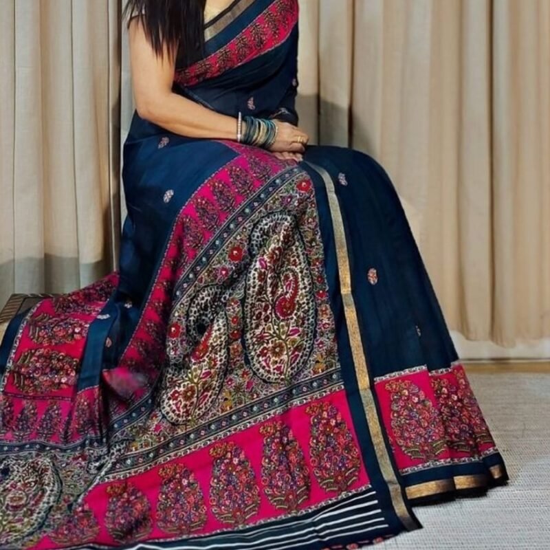 Women's Linen Kalamkari Printed Saree With Unstitched Blouse - 5.5 Mtr (Navy Blue- Pink)