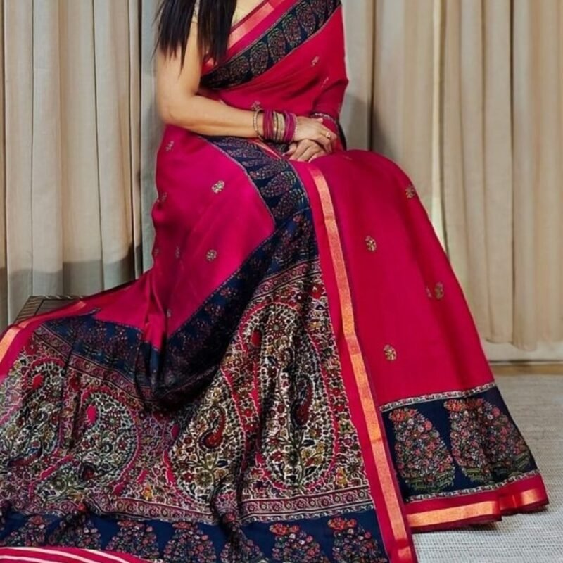 Women's Linen Kalamkari Printed Saree With Unstitched Blouse - 5.5 Mtr (Pink-Navy Blue)