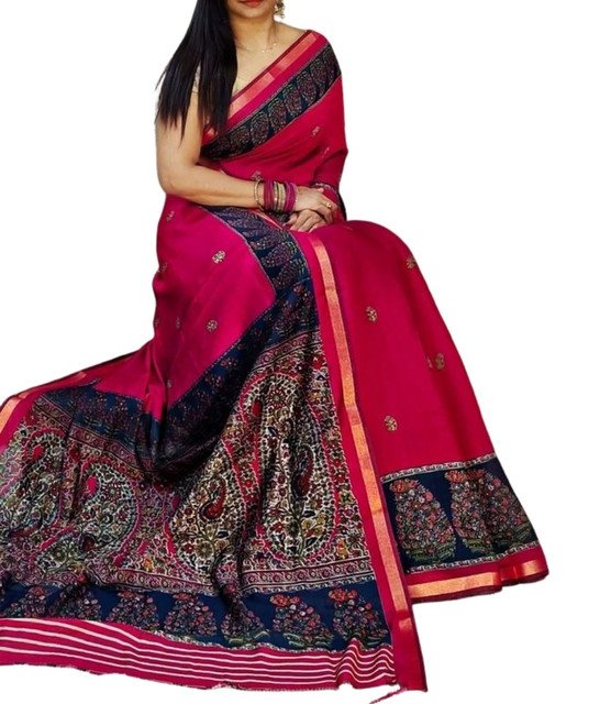 Women's Linen Kalamkari Printed Saree With Unstitched Blouse - 5.5 Mtr (Pink-Navy Blue) - Image 2