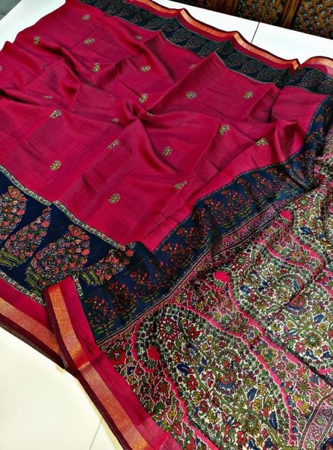 Women's Linen Kalamkari Printed Saree With Unstitched Blouse - 5.5 Mtr (Pink-Navy Blue) - Image 3