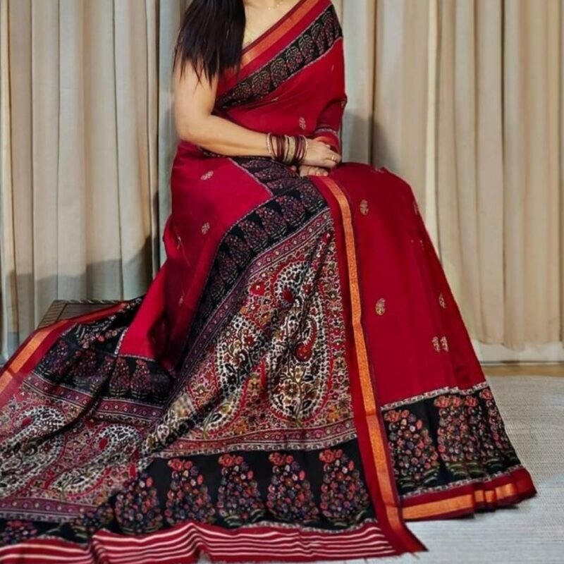 Women's Linen Kalamkari Printed Saree With Unstitched Blouse - 5.5 Mtr (Red-Navy Blue)