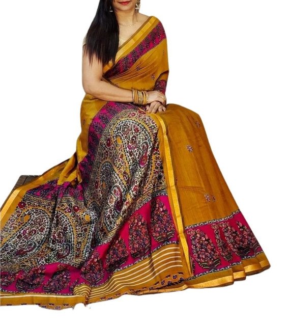 Women's Linen Kalamkari Printed Saree With Unstitched Blouse - 5.5 Mtr (Mustard-Yellow-Magenta) - Image 2