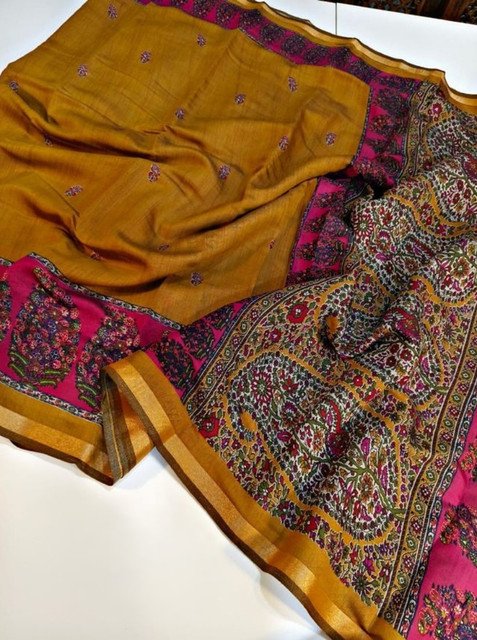 Women's Linen Kalamkari Printed Saree With Unstitched Blouse - 5.5 Mtr (Mustard-Yellow-Magenta) - Image 3