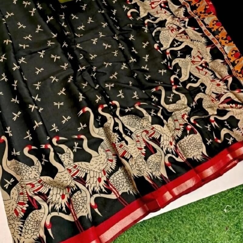 Women's Linen Kalamkari Printed Saree With Unstitched Blouse - 5.5 Mtr (Black-Red)