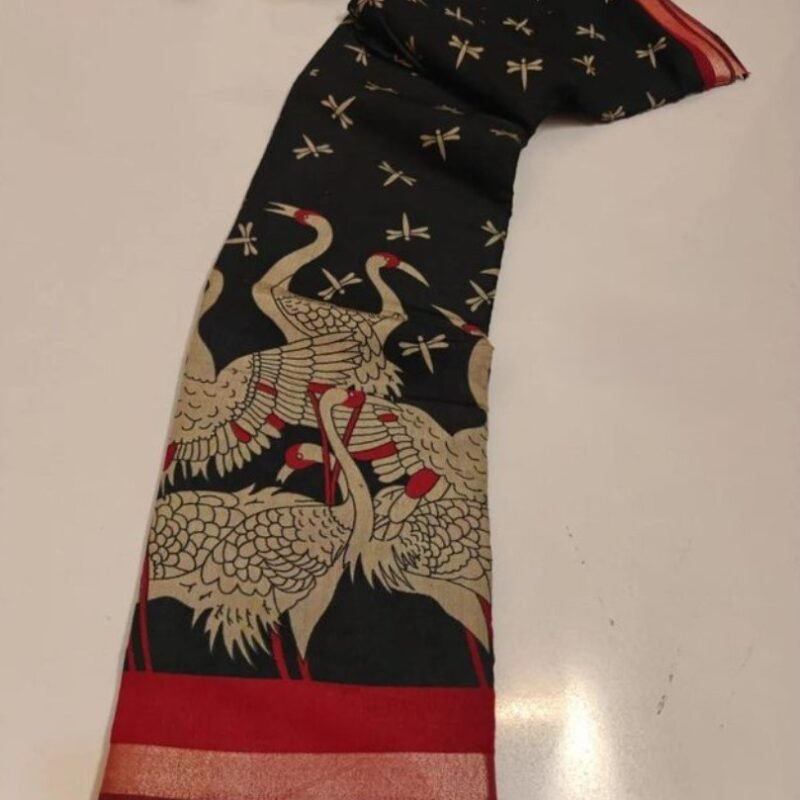 Women's Linen Kalamkari Printed Saree With Unstitched Blouse - 5.5 Mtr (Black-Red) - Image 3