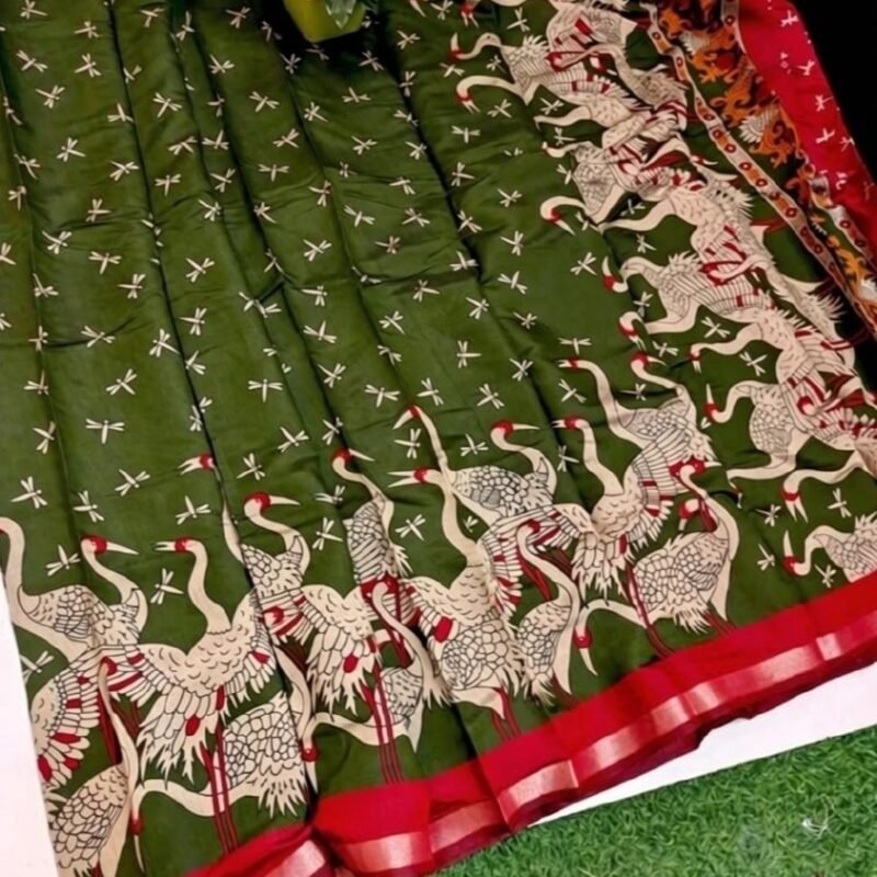 Women's Linen Kalamkari Printed Saree With Unstitched Blouse - 5.5 Mtr (Olive Green-Red)