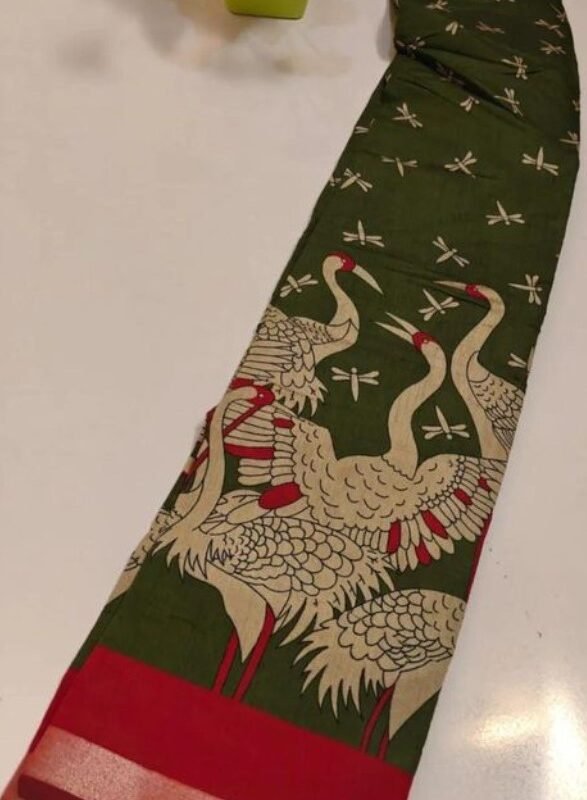 Women's Linen Kalamkari Printed Saree With Unstitched Blouse - 5.5 Mtr (Olive Green-Red) - Image 3