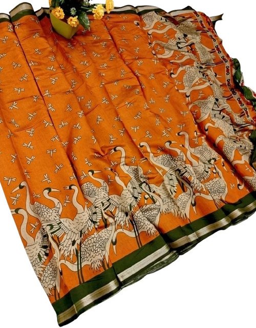 Women's Linen Kalamkari Printed Saree With Unstitched Blouse - 5.5 Mtr (Orange-Green) - Image 2