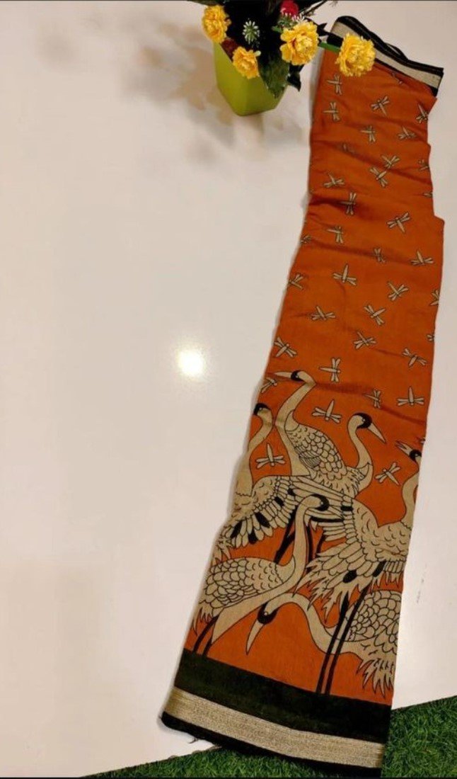 Women's Linen Kalamkari Printed Saree With Unstitched Blouse - 5.5 Mtr (Orange-Green) - Image 3