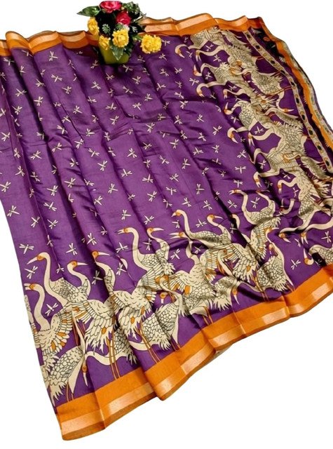 Women's Linen Kalamkari Printed Saree With Unstitched Blouse - 5.5 Mtr (Purple-Orange) - Image 2