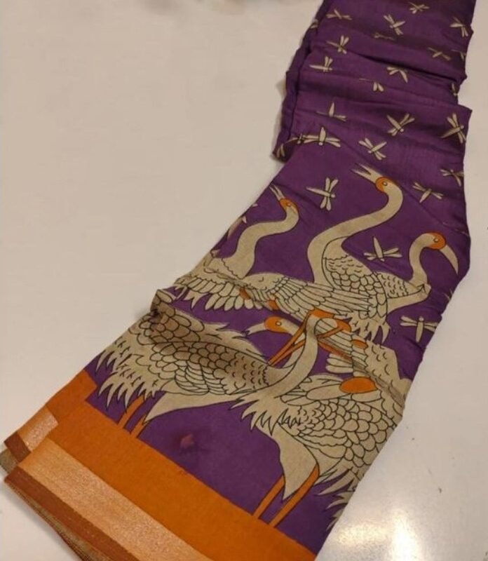 Women's Linen Kalamkari Printed Saree With Unstitched Blouse - 5.5 Mtr (Purple-Orange) - Image 3