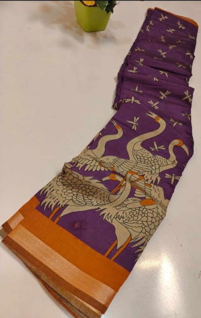 Women's Linen Kalamkari Printed Saree With Unstitched Blouse - 5.5 Mtr (Purple-Orange) - Image 3