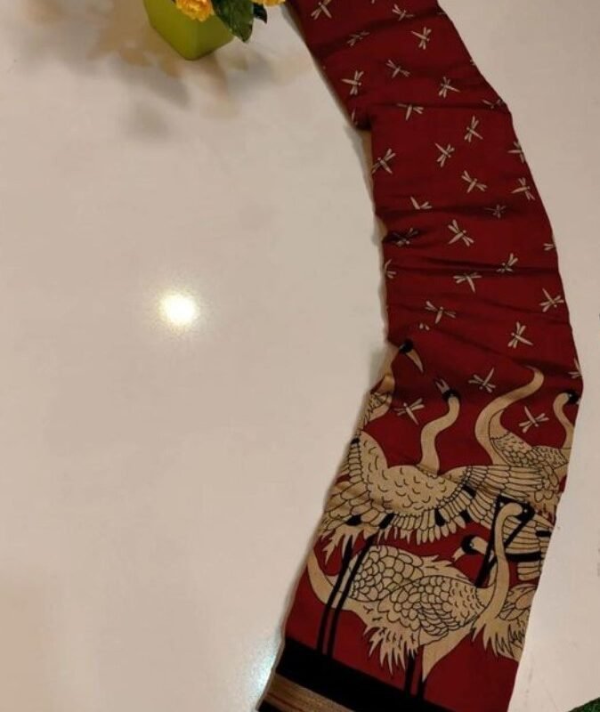 Women's Linen Kalamkari Printed Saree With Unstitched Blouse - 5.5 Mtr (Red-Black) - Image 3