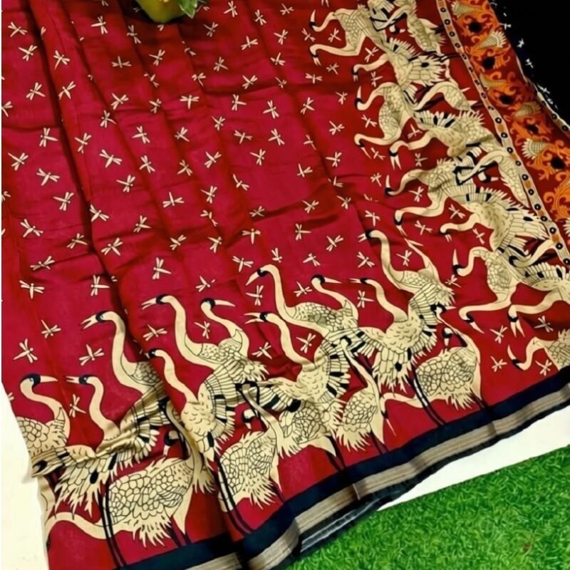 Women's Linen Kalamkari Printed Saree With Unstitched Blouse - 5.5 Mtr (Red-Navy Blue)