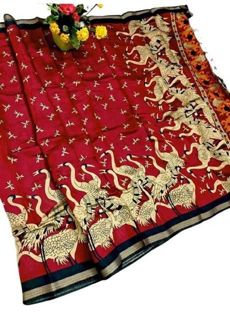 Women's Linen Kalamkari Printed Saree With Unstitched Blouse - 5.5 Mtr (Red-Navy Blue) - Image 2