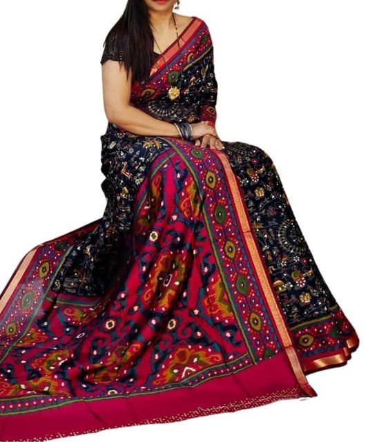 Women's Linen Printed Saree With Unstitched Blouse - 5.5 Mtr (Black-Pink) - Image 2