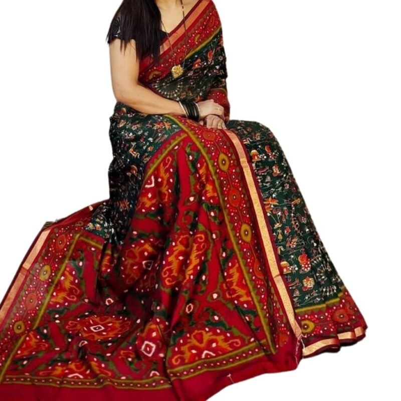 Women's Linen Printed Saree With Unstitched Blouse - 5.5 Mtr (Green-Red) - Image 2