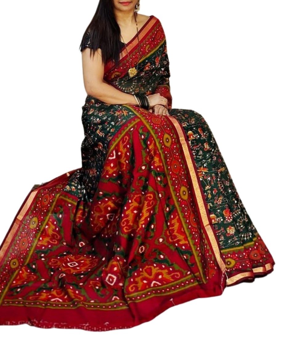 Women's Linen Printed Saree With Unstitched Blouse - 5.5 Mtr (Green-Red) - Image 2