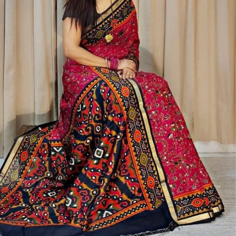 Women's Linen Printed Saree With Unstitched Blouse - 5.5 Mtr (Pink-Navy Blue)