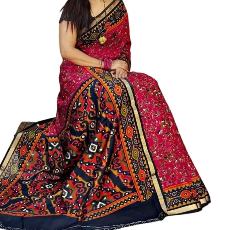 Women's Linen Printed Saree With Unstitched Blouse - 5.5 Mtr (Pink-Navy Blue) - Image 2