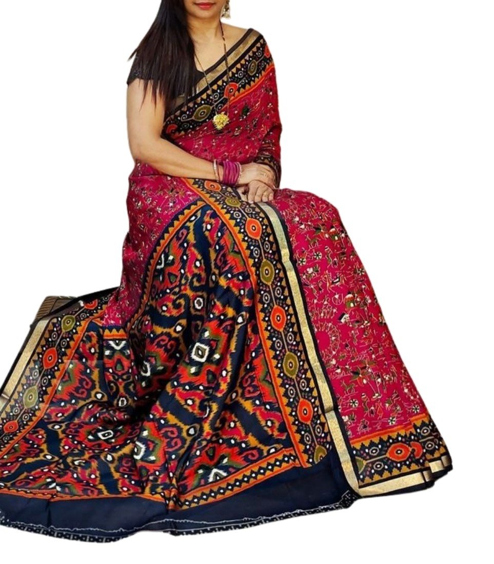 Women's Linen Printed Saree With Unstitched Blouse - 5.5 Mtr (Pink-Navy Blue) - Image 2