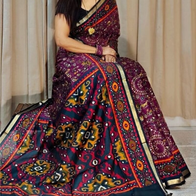 Women's Linen Printed Saree With Unstitched Blouse - 5.5 Mtr (Purple-Navy Blue)